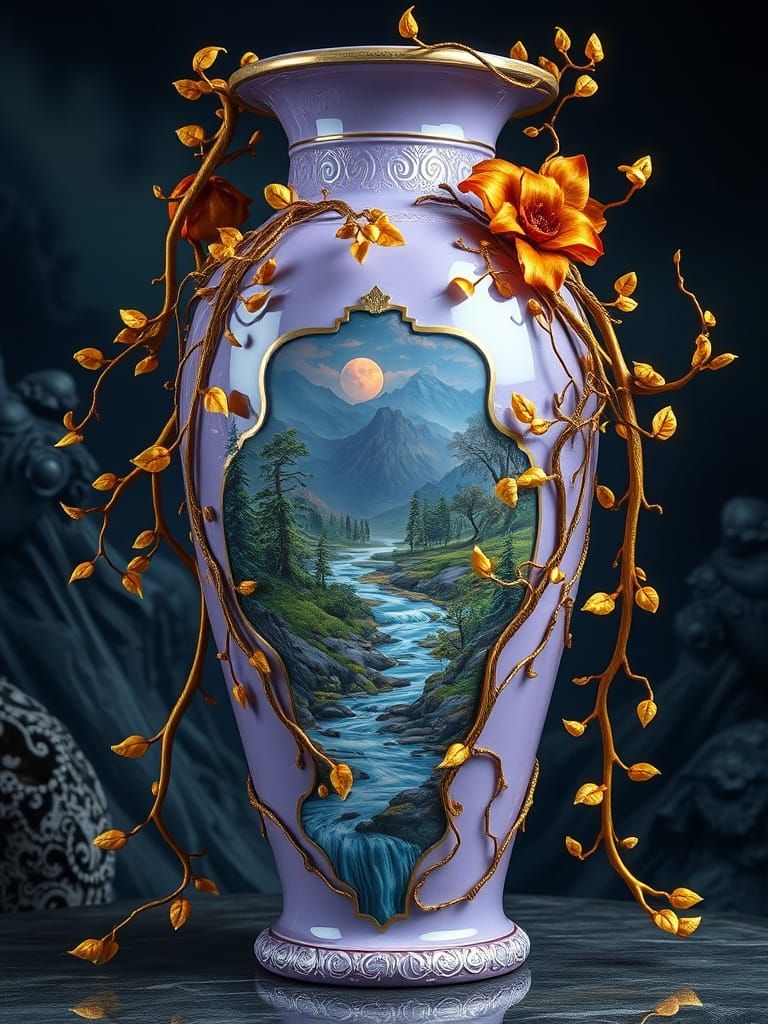 Ornate Lilac Vase with Golden Vines