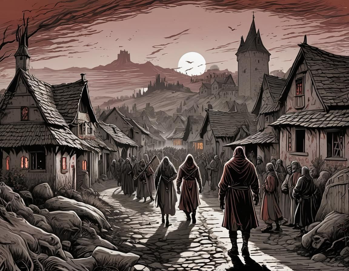 Lone Man Departs Medieval Town: Dark Fantasy Art