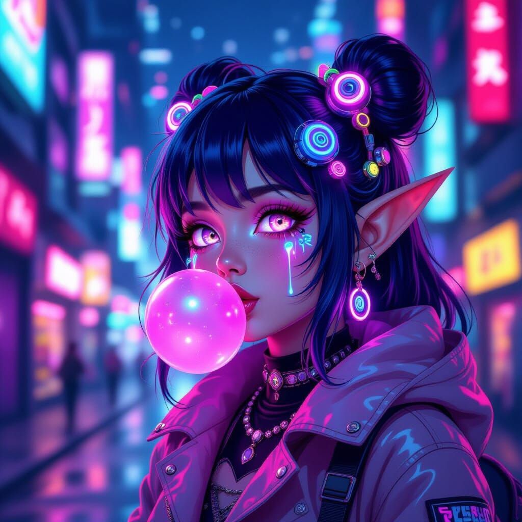 Cyberpunk Elf Girl in Kidcore Fashion Blowing Bubblegum