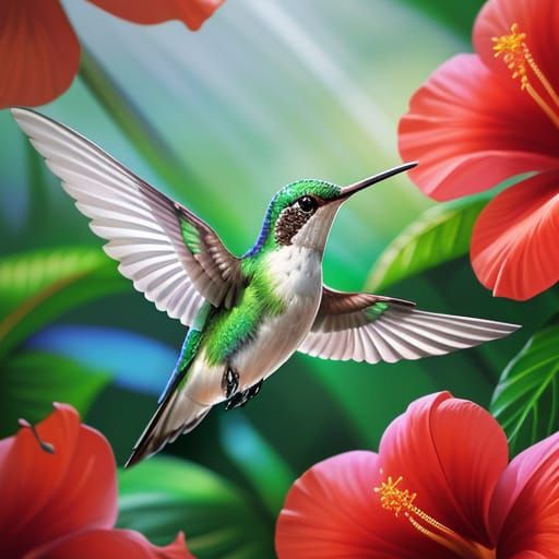 Hyper-Realistic Hummingbird in Tropical Rainforest