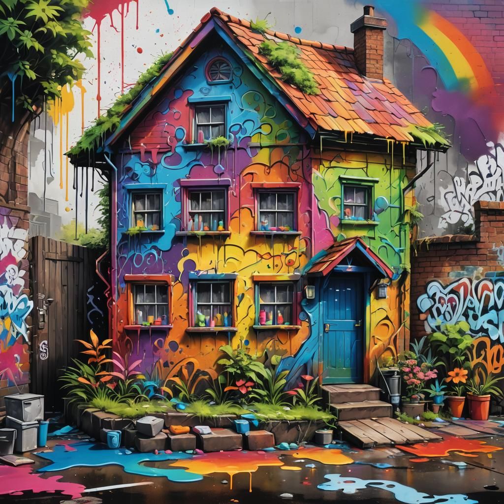 Colorful Rainbow Cottage in Graffiti Art Style