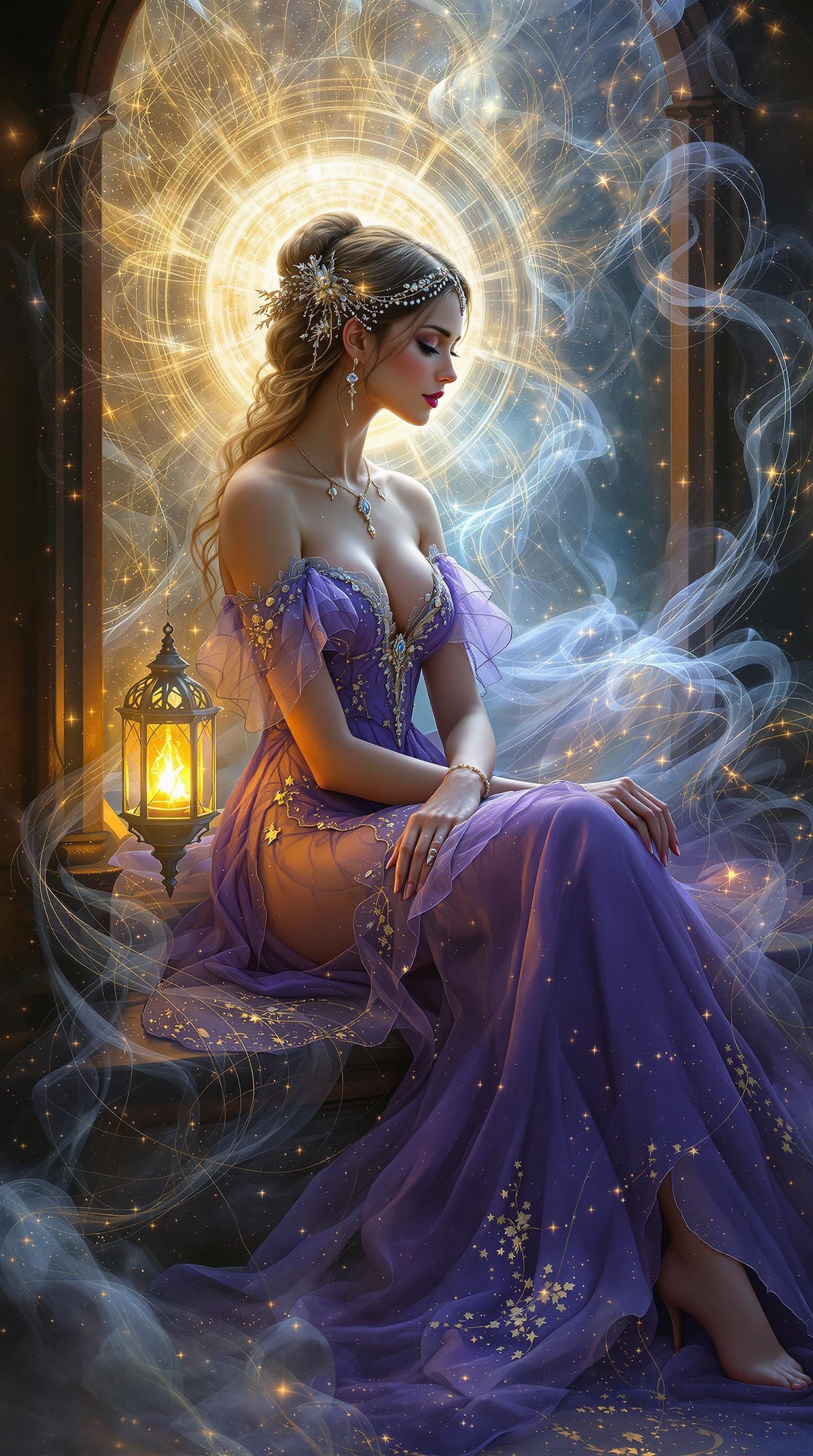 Mystical Woman in Whimsical Purple Gown with Golden Lantern