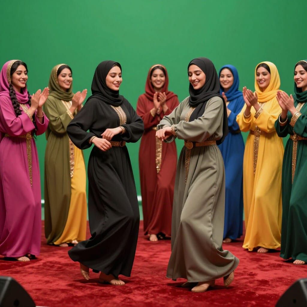 Joyful Arabic Women Dancing in Vibrant 3D Scene