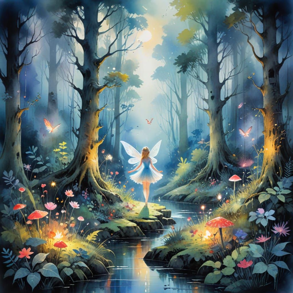 Enchanted Watercolor Forest with Mystical Creatures and Fair...
