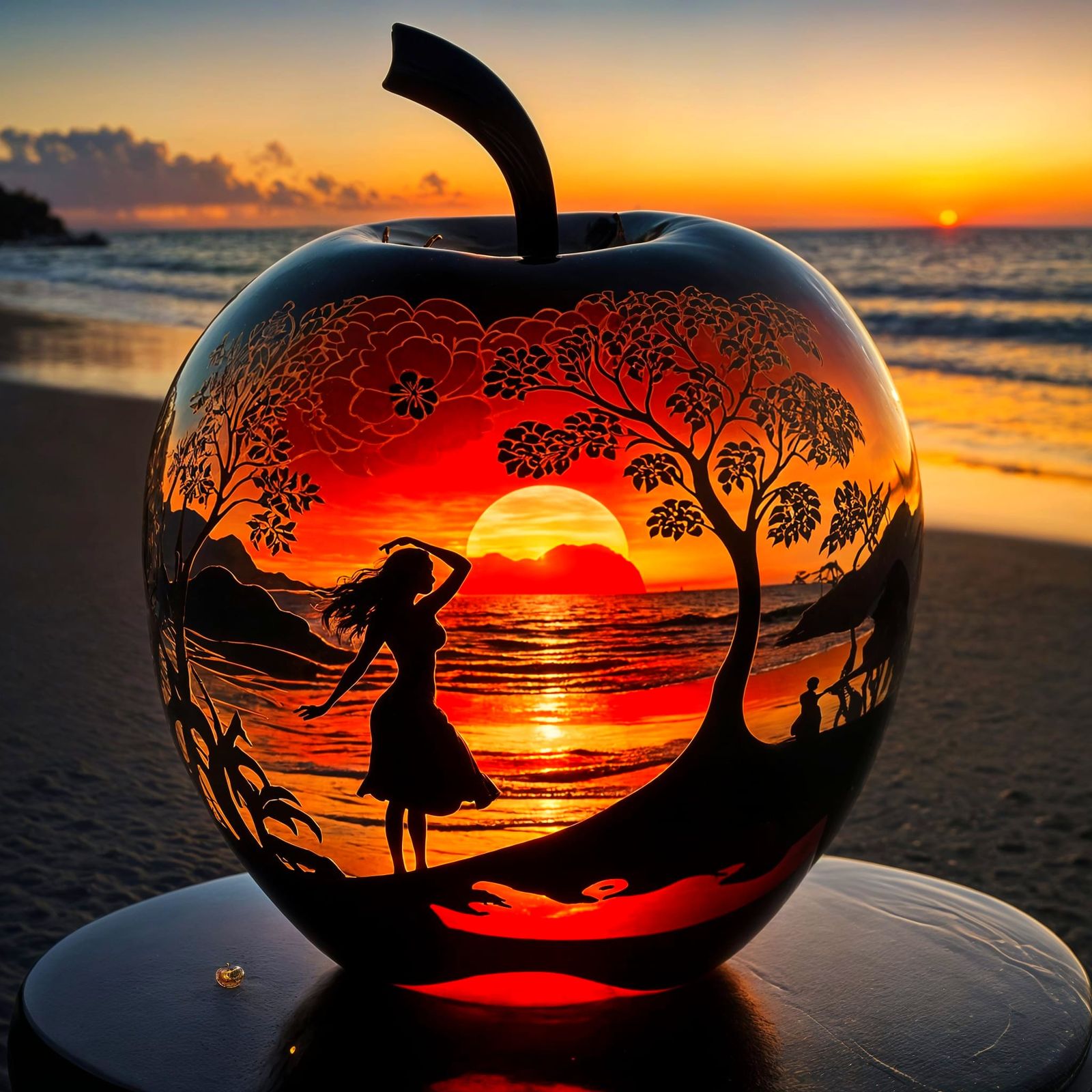 Glass Apple with Ocean Scene and Silhouette Woman at Sunset