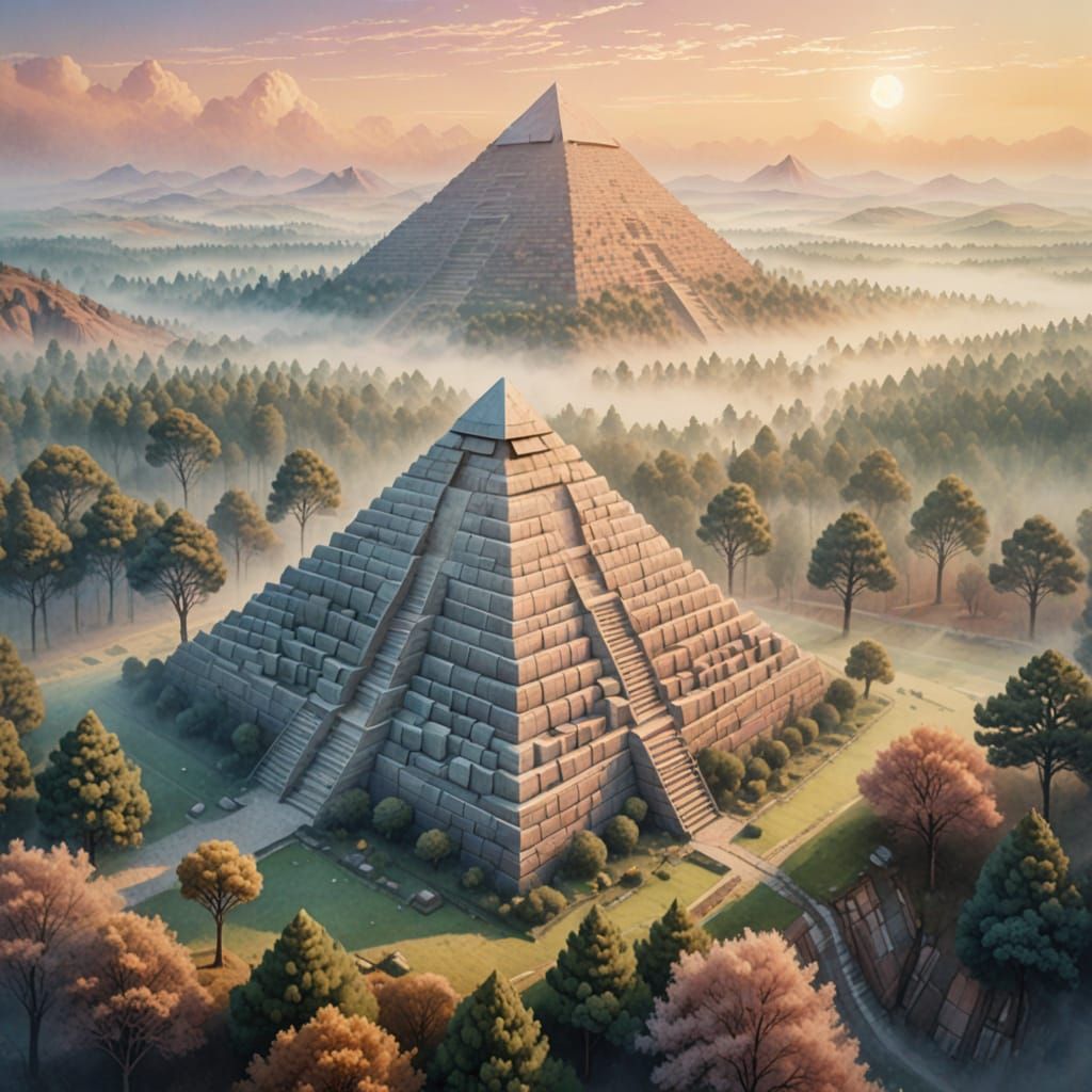 Moonstone Pyramid in Misty Valley: Watercolor Fantasy