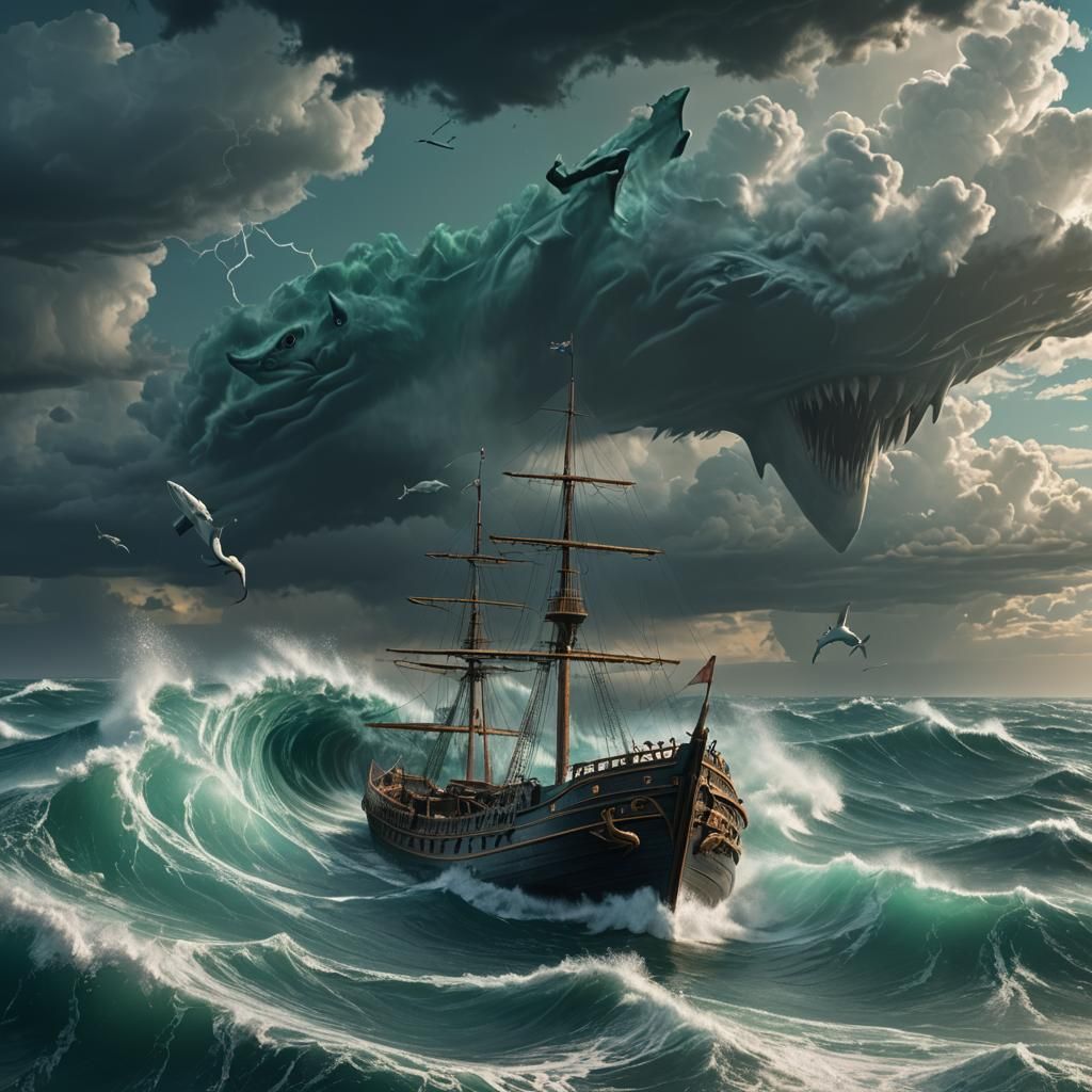 Boat on stormy sea followed by a shark cloud