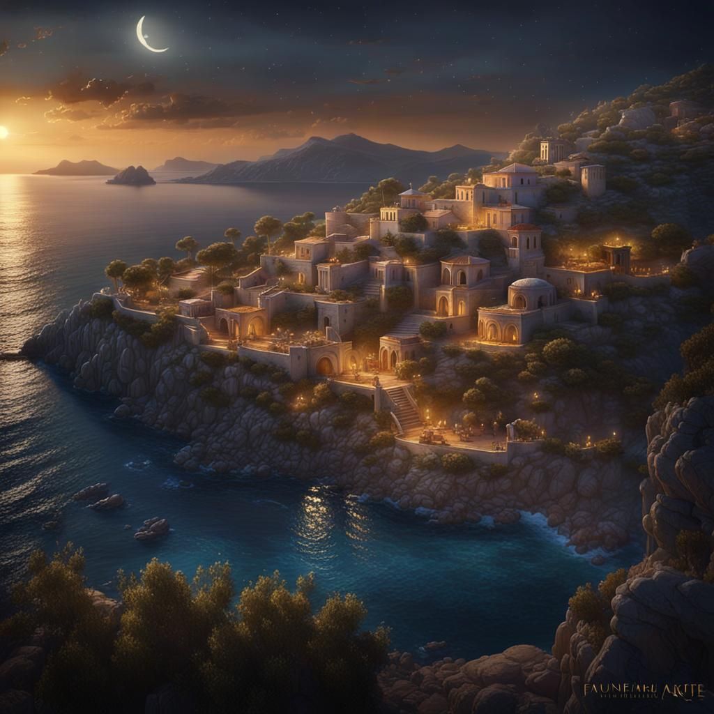 Moonlit Greek Islands: A Fantasy Concept Art