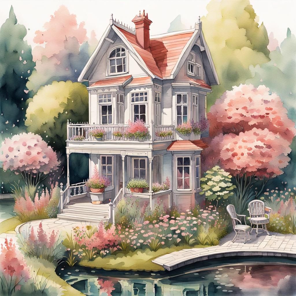 Charming Victorian House with Garden in Watercolor Style