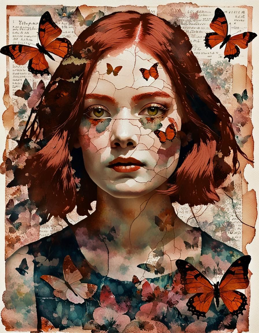 Double Exposure Portrait of Maiden with Butterflies