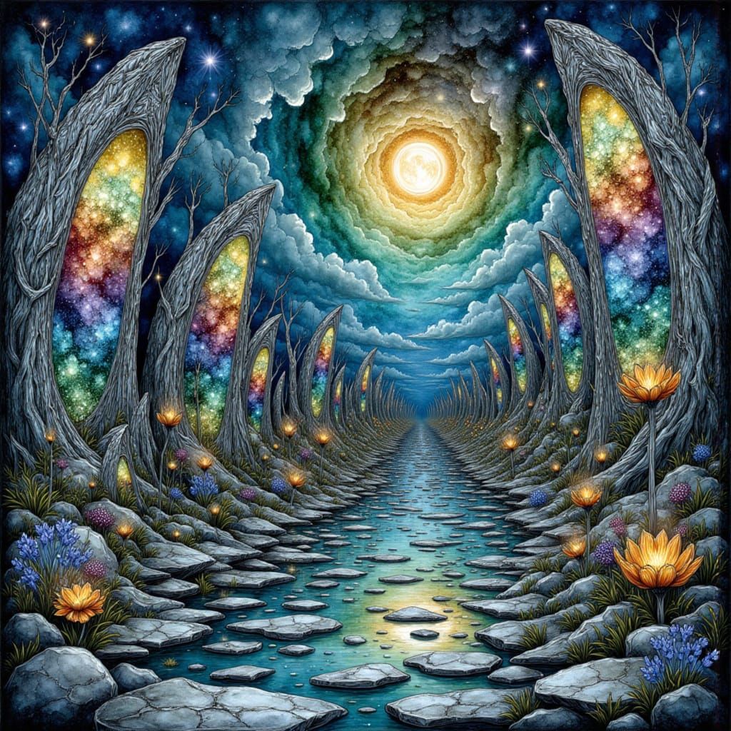 Surreal Garden of Silver Roots and Mirror Arches