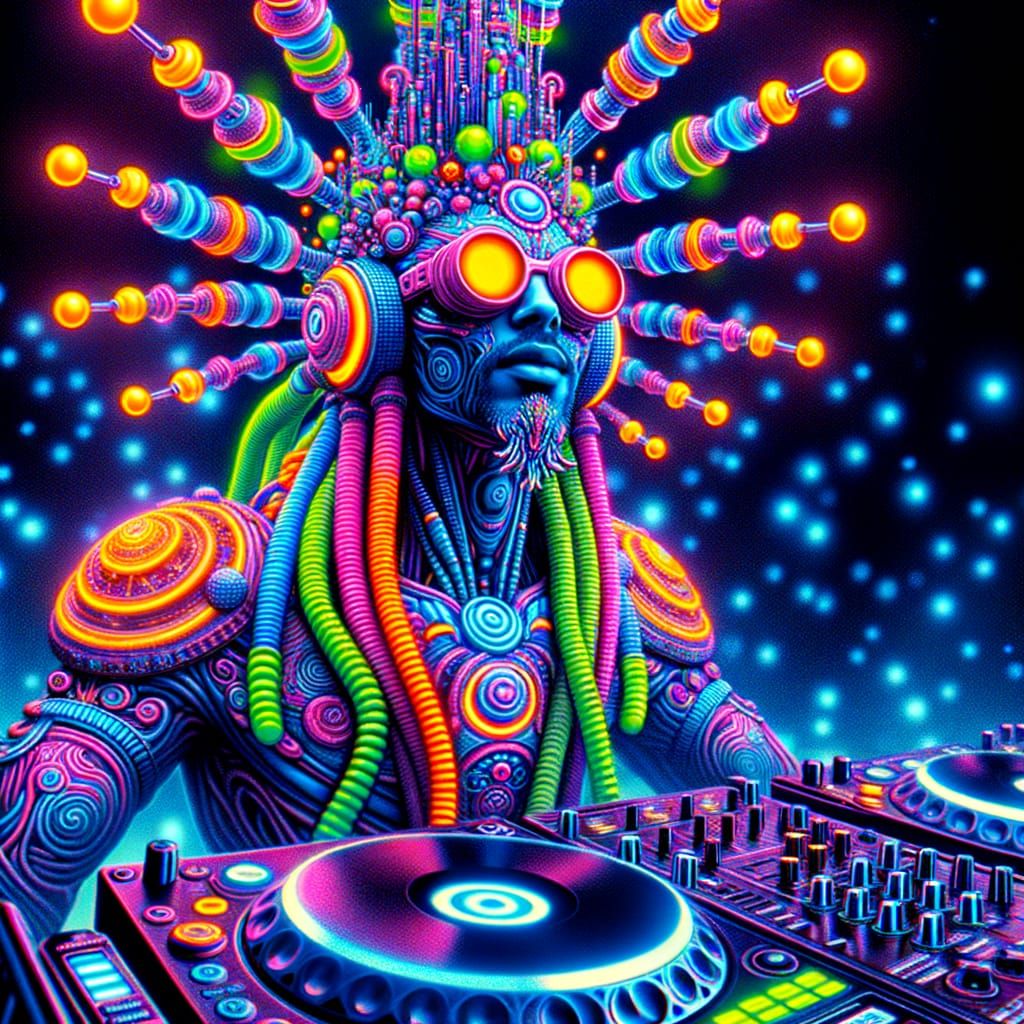 Glowing Rave Deity Overlooks Futuristic Metropolis