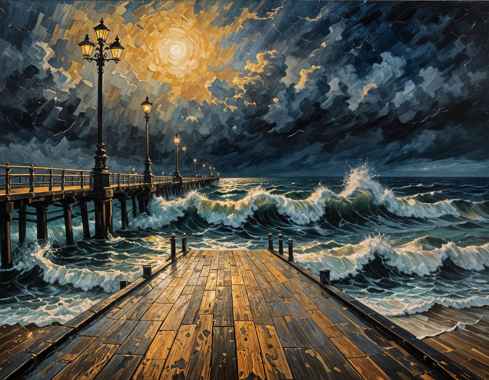 Stormy Night Pier in Impressionist Style