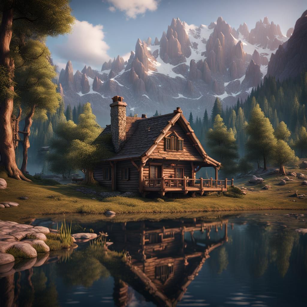 Wood Cabin by Pond: Detailed Matte Painting