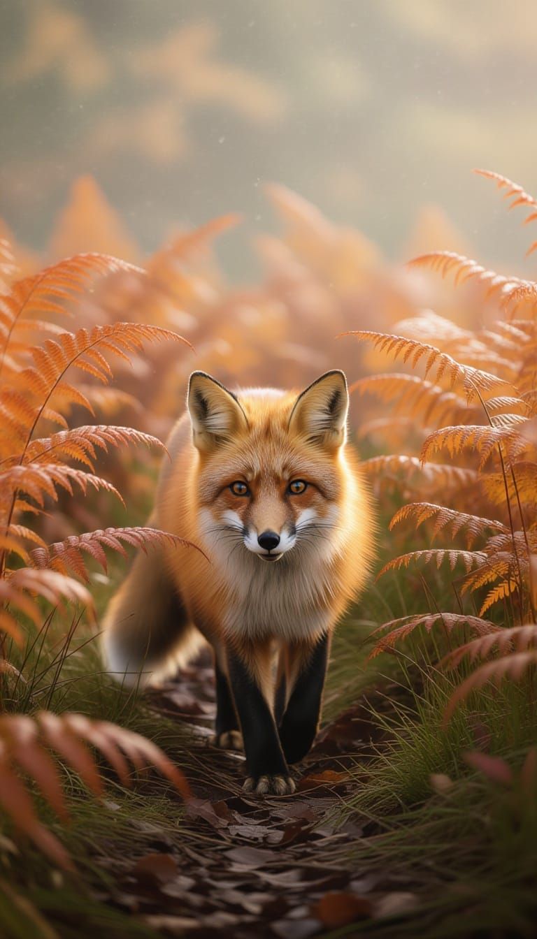 Fluffy Red Fox in Misty Autumn Ferns