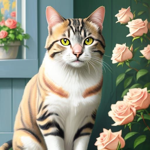 Expressionist Cat Beside Rose in Dreamlike Garden