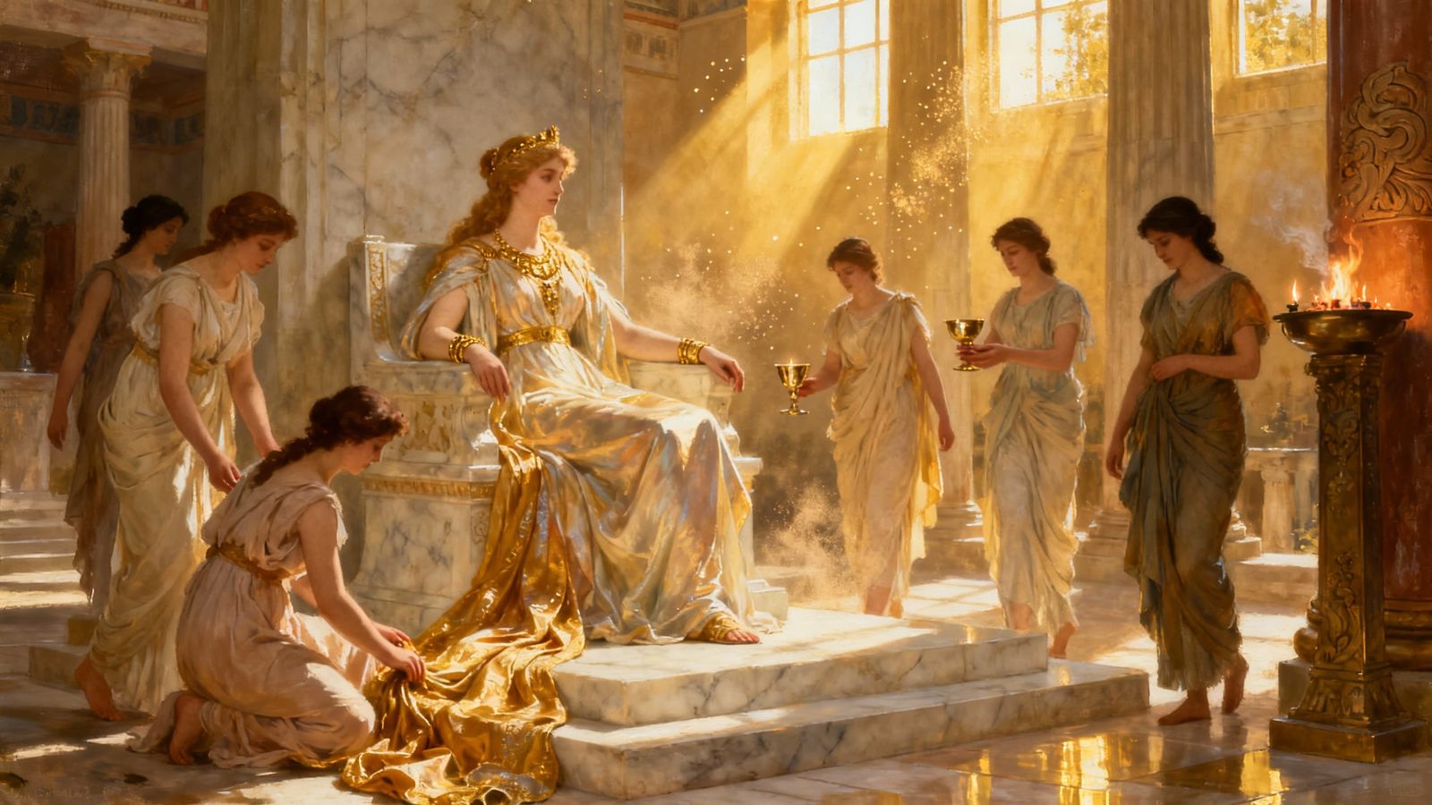 Radiant Queen on Marble Throne in Sunlit Temple