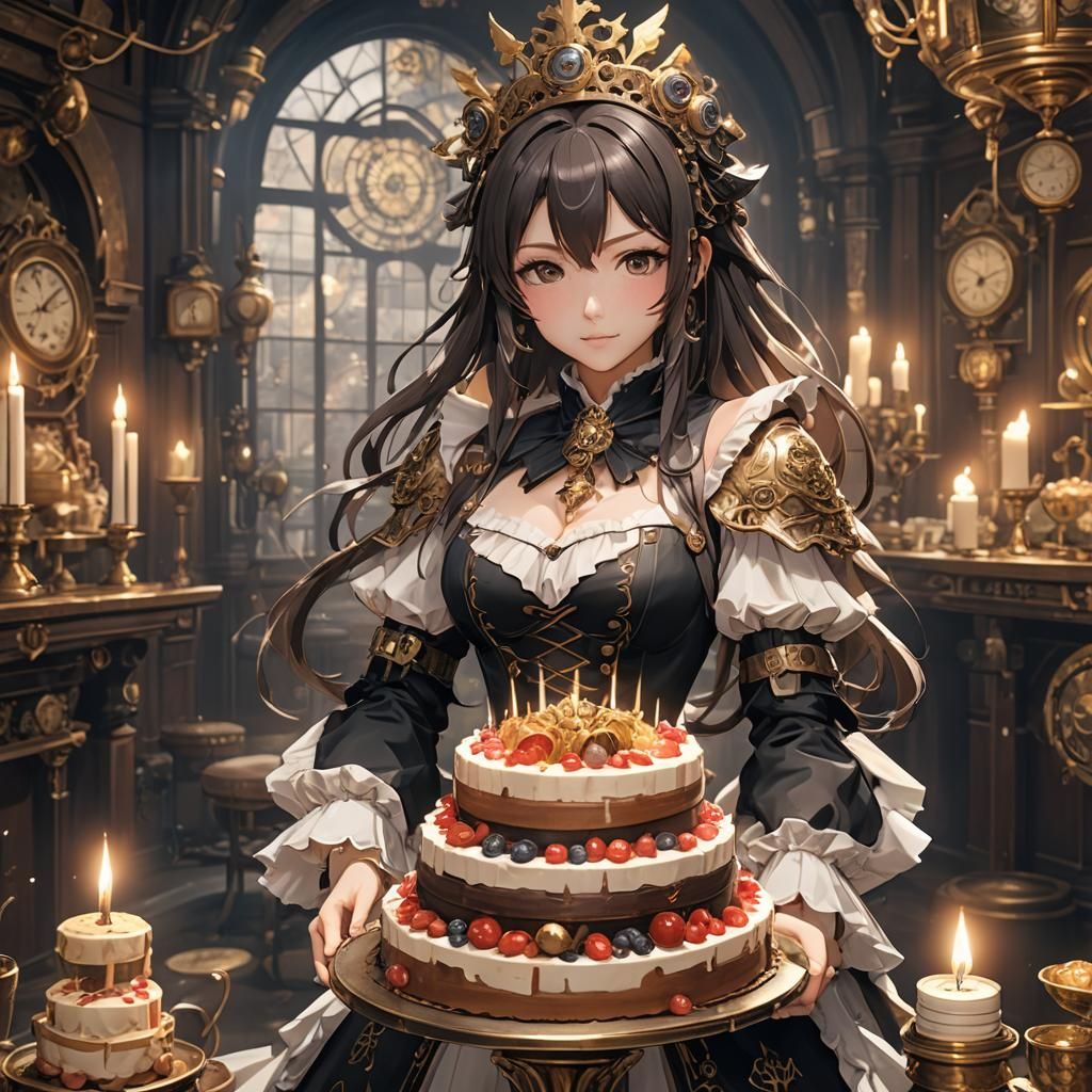 Steampunk Girl Proudly Posing with Birthday Cake