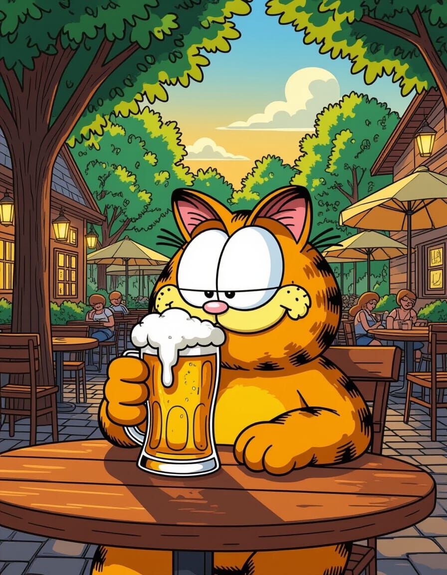 Garfield Enjoys Beer in Summer Beer Garden