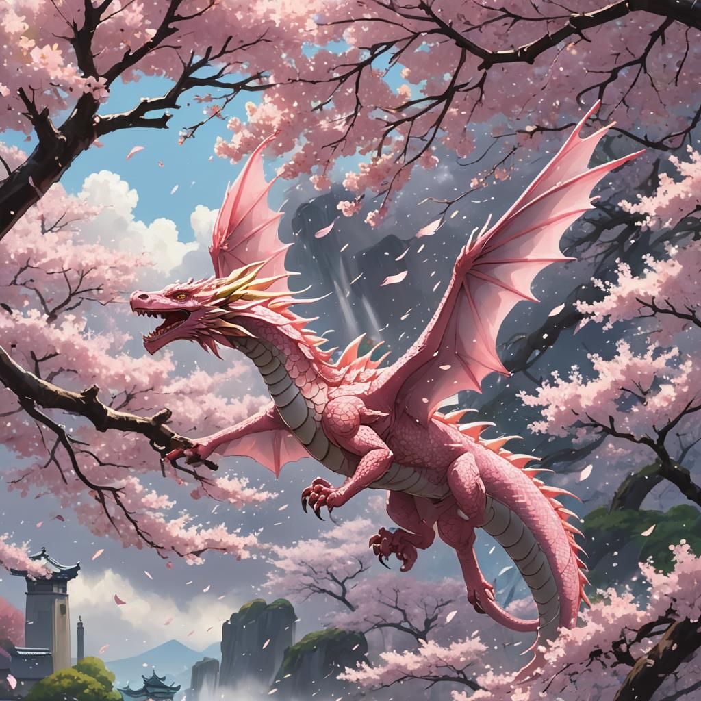 Pink Dragon Flies Through Cherry Blossoms