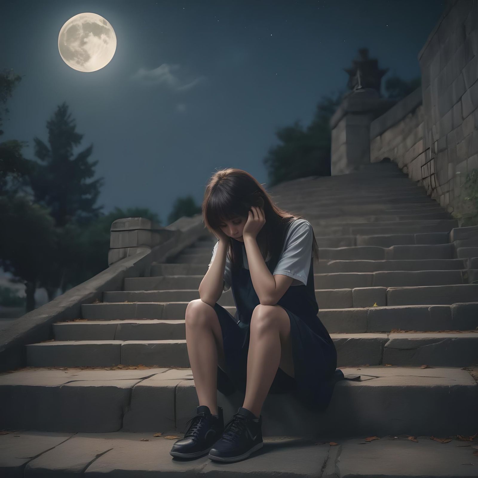 Sad Girl Crying Under Starry Sky
