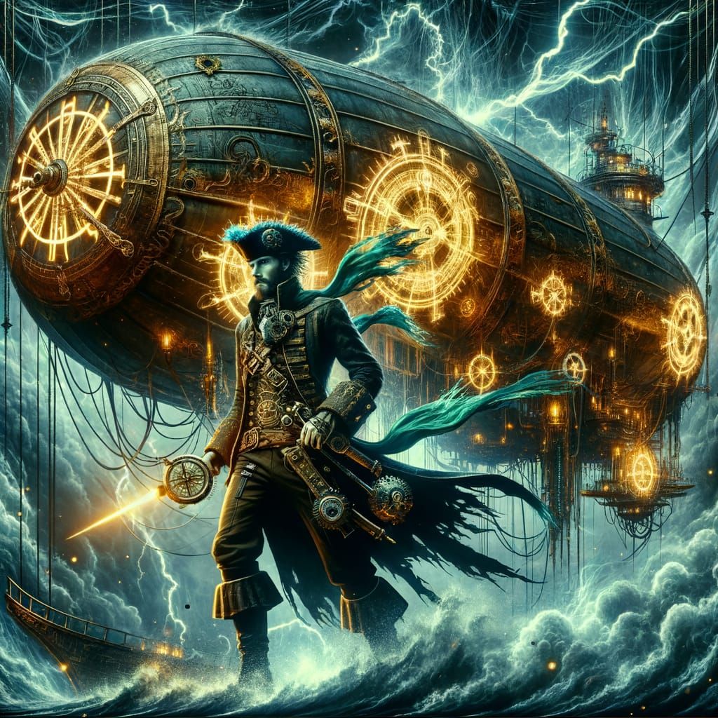 Gothic Pirate Captain Navigating Electric Tempest on Steampu...