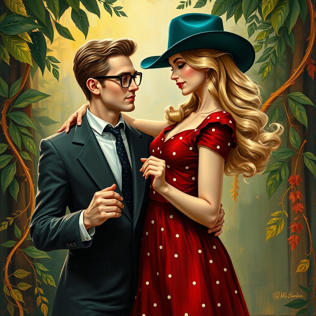 Radiant Rockabilly Scientists Dance in a Dreamlike Garden