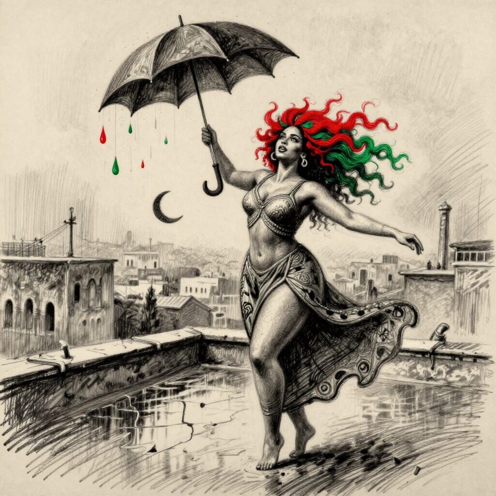 Palestinian Woman Dancing on Rooftop in Charcoal Style
