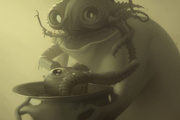 Sovietpunk Cthulhu, Sad eyes Chuthulu eating curry in a dark lit Tokyo noodle shop, Leonardo da Vinci, Yana Toboso, Junj...