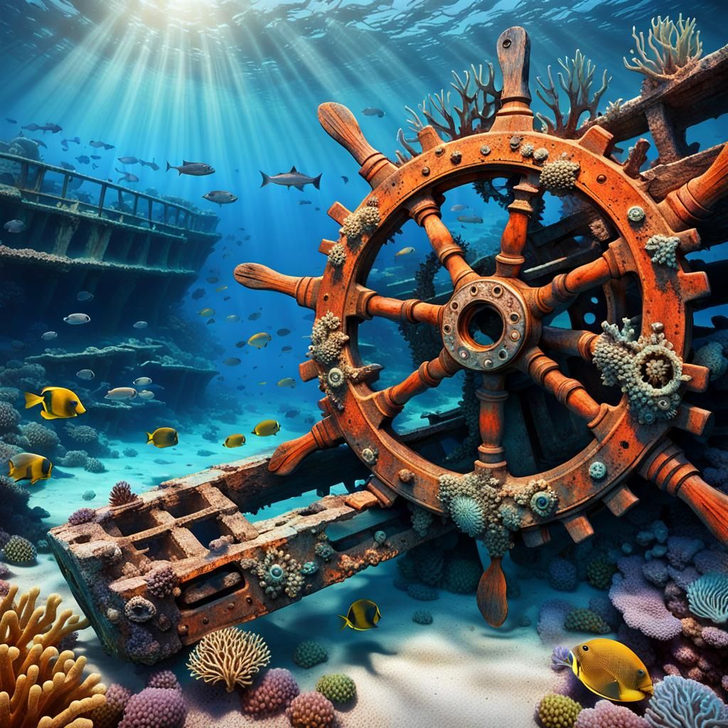 Sunken Ship Wheel on Coral Reef, Photorealistic