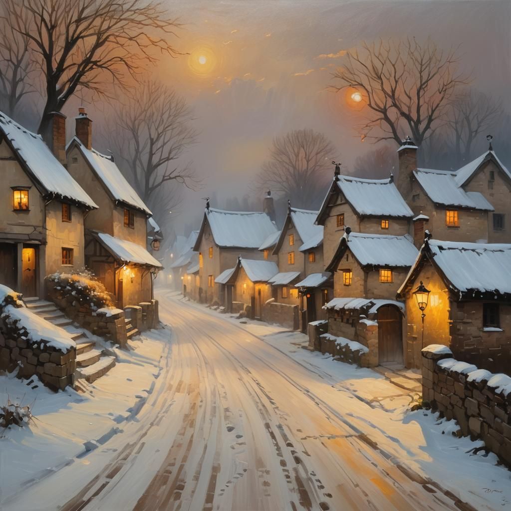 Snowy Medieval Village Entrance in Impressionist Oil Paintin...