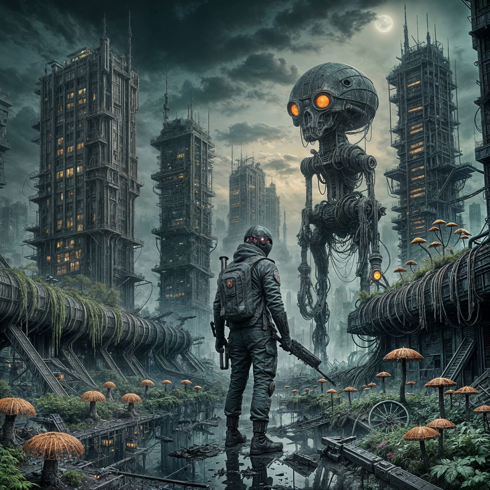 Post-Apocalyptic Wanderer in Bioluminescent Cityscape