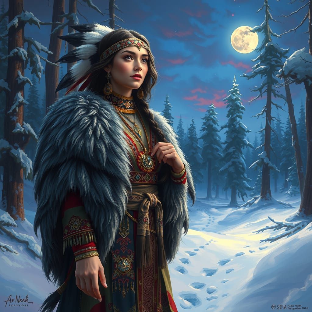 A hot woman in traditional Native American clothing, adorned...