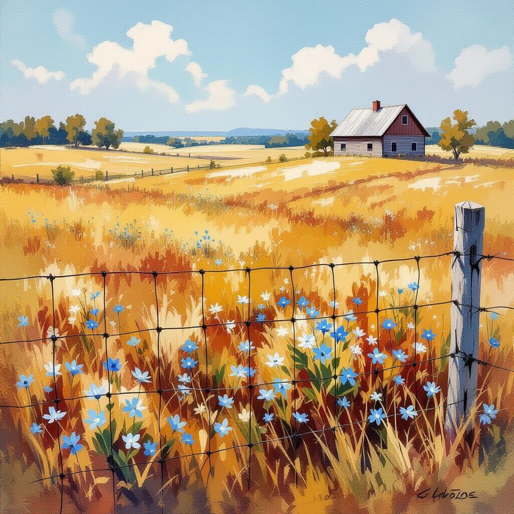 Gouache Meadow with Blue Flowers and Distant House