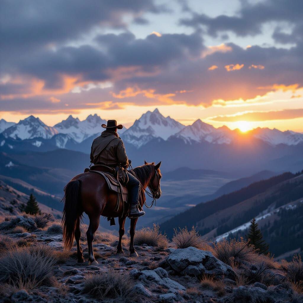 Cowboy on Ridge at Sunset in Bierstadt Style