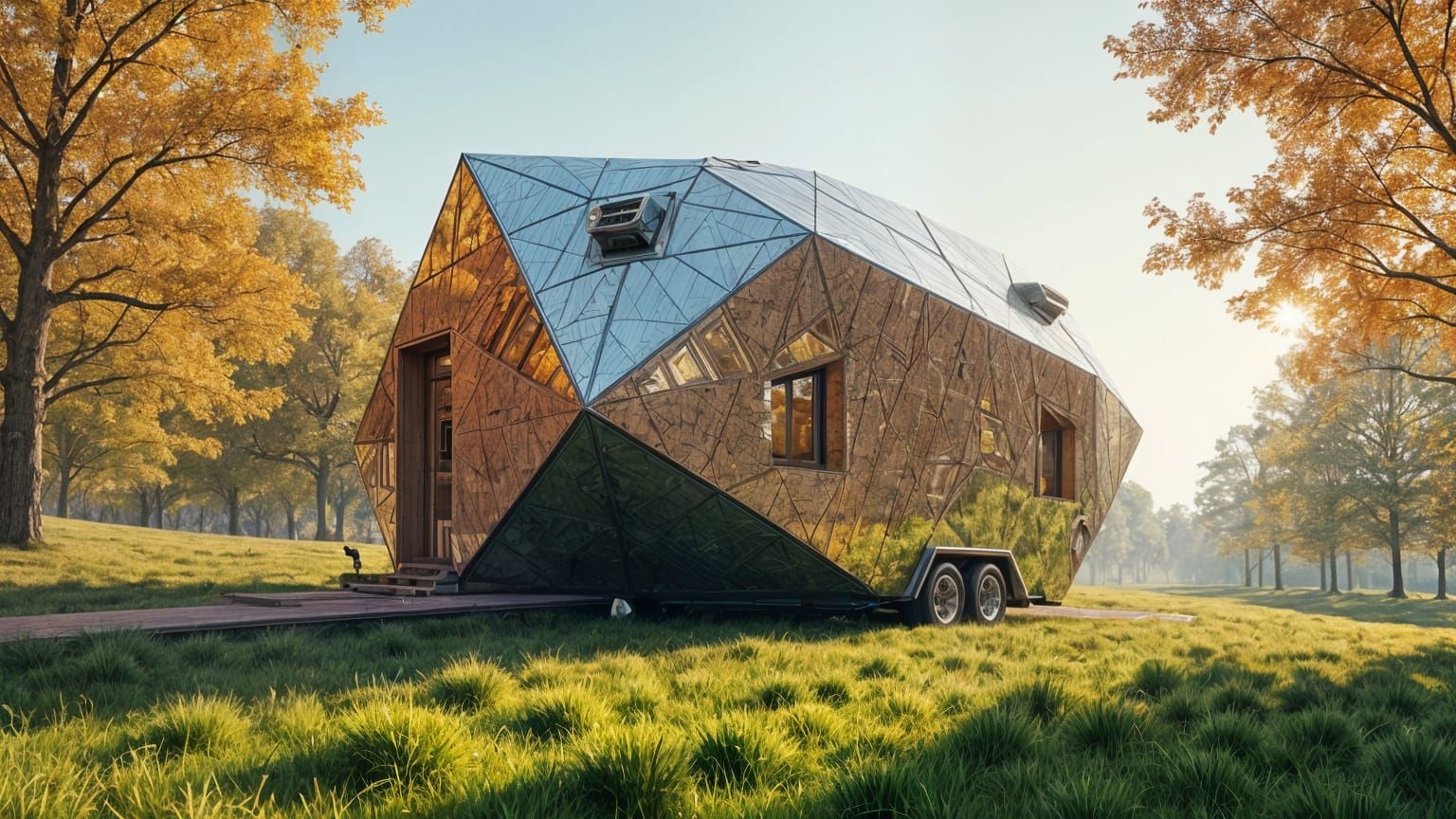 Futuristic Metallic Mobile Home on Green Grassland