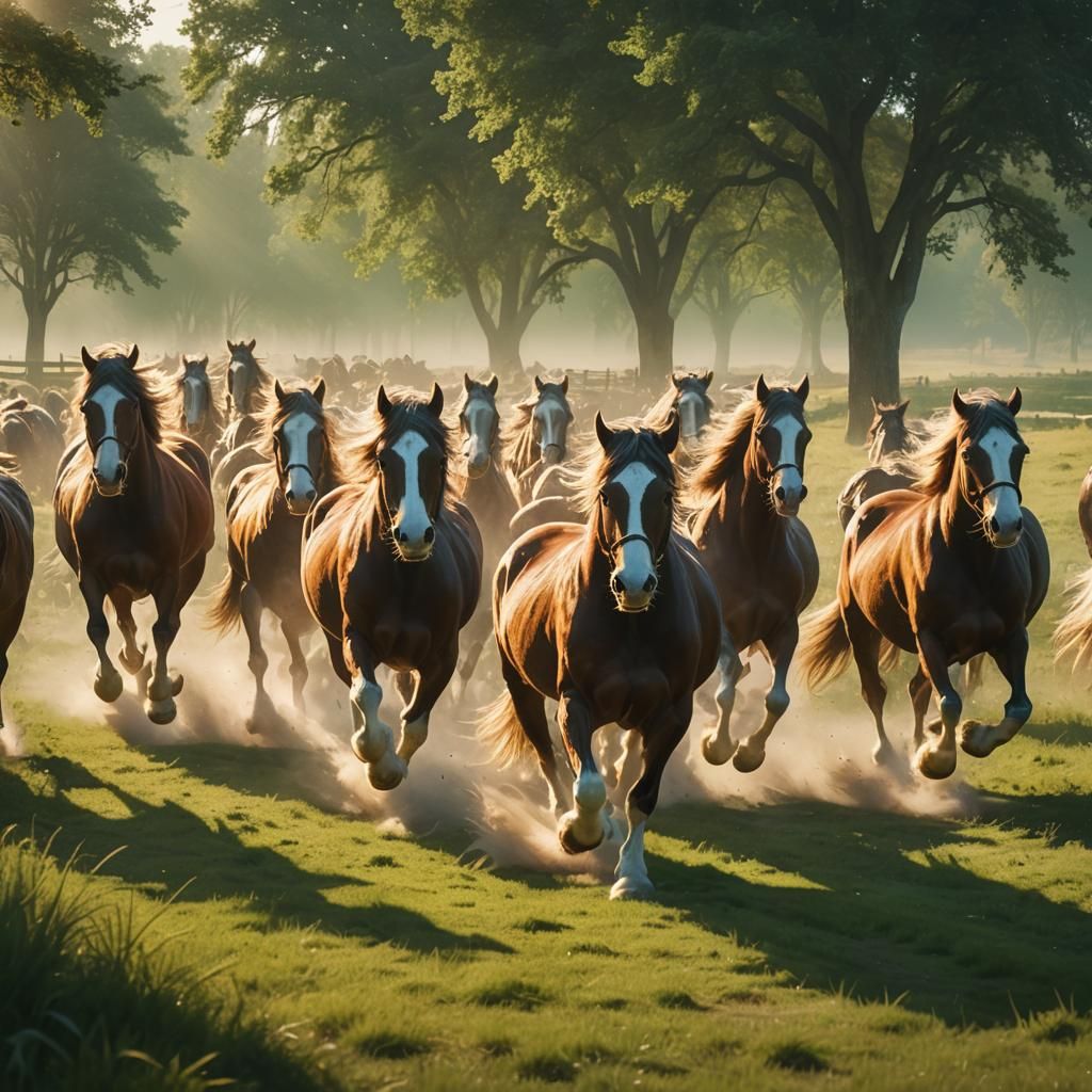 Clydesdales Galloping in a Sunlit Meadow