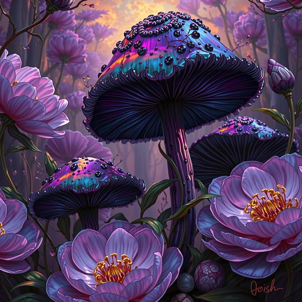 Iridescent Mushroom Surrounded by Glass Peonies