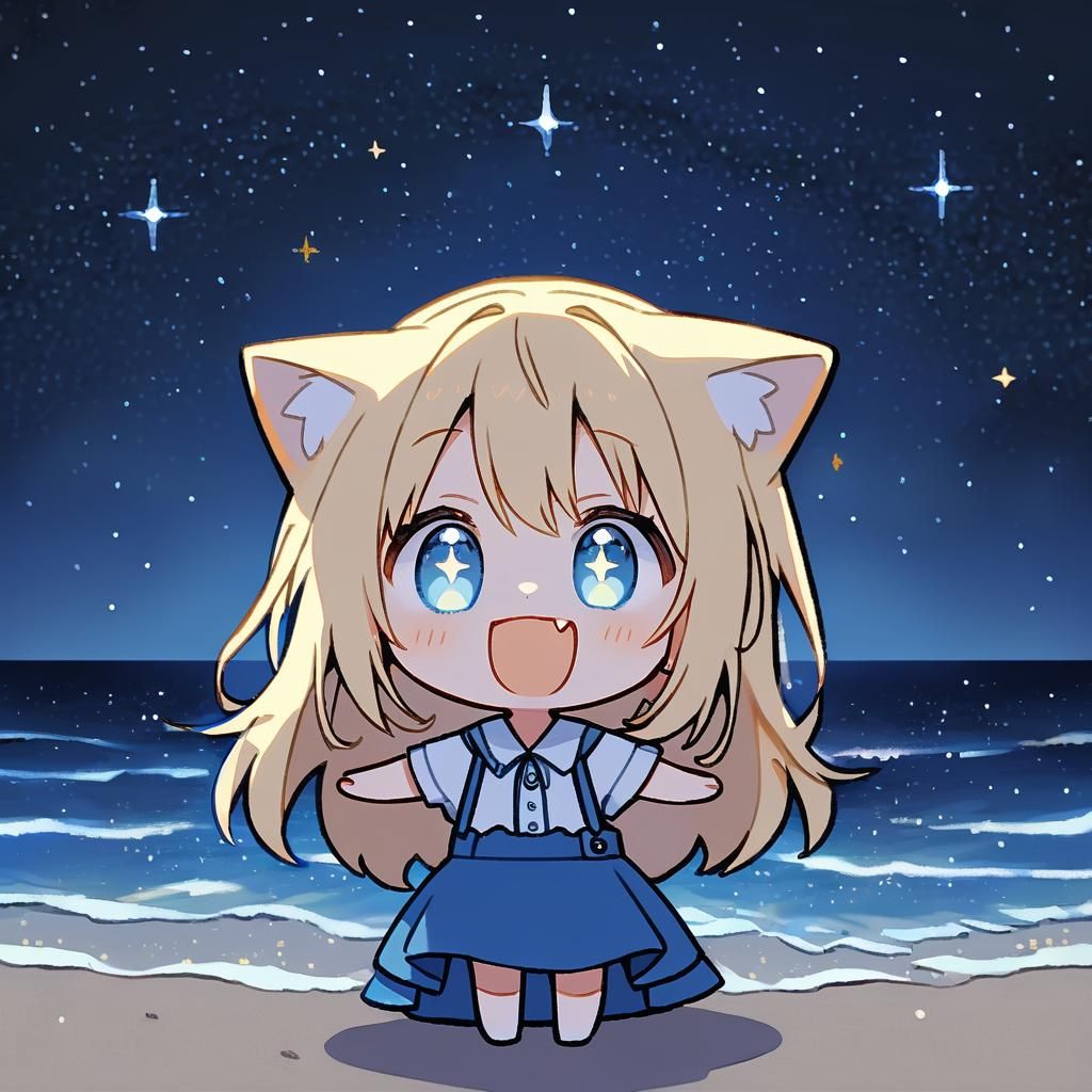 Cute Catgirl on a Beach at Night