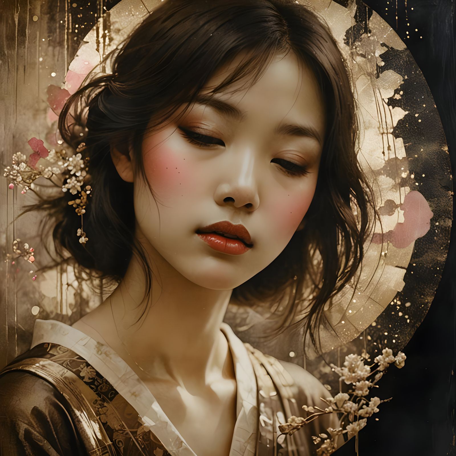 Vintage Japanese Fantasy Portrait with Glittering Makeup and...