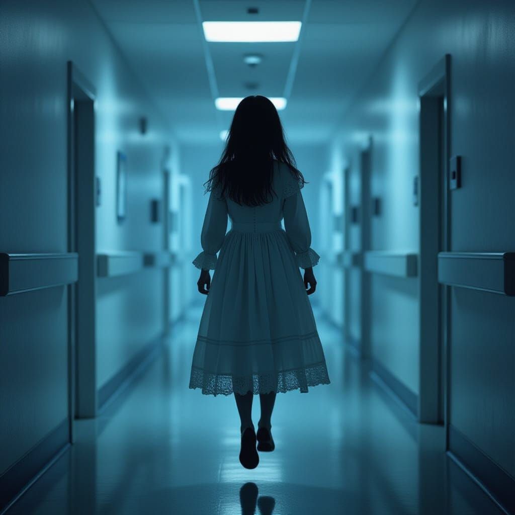 Ethereal Victorian Girl Floats in Hospital Hallway