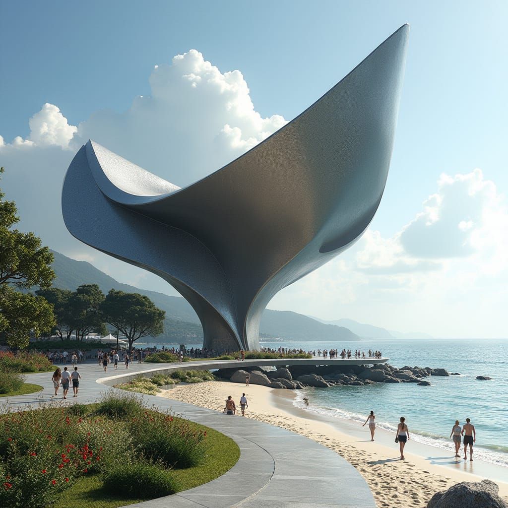 Futuristic Steel Sculpture by the Sea
