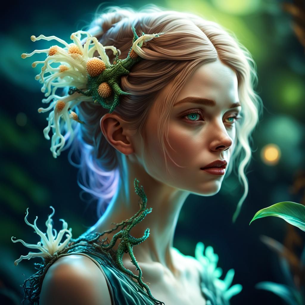 Surreal Woman with Bioluminescent Mushroom, Fantasy Art