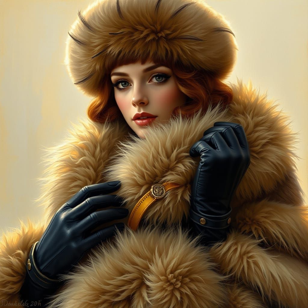 Luxurious Woman in Opulent Fur Attire, with Intricate Textur...