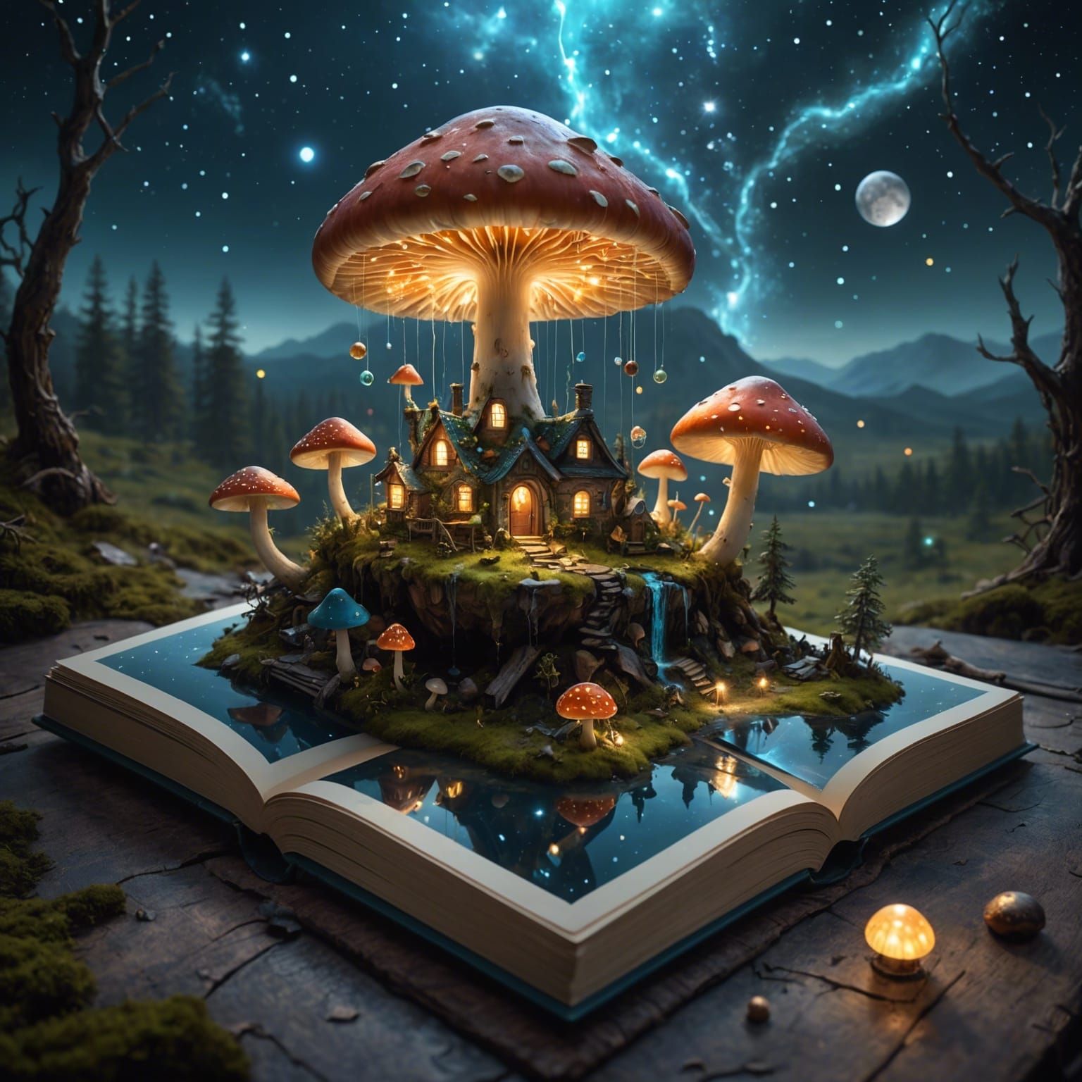 Magical Mushroom Town Emerging from Book, Digital Illustrati...