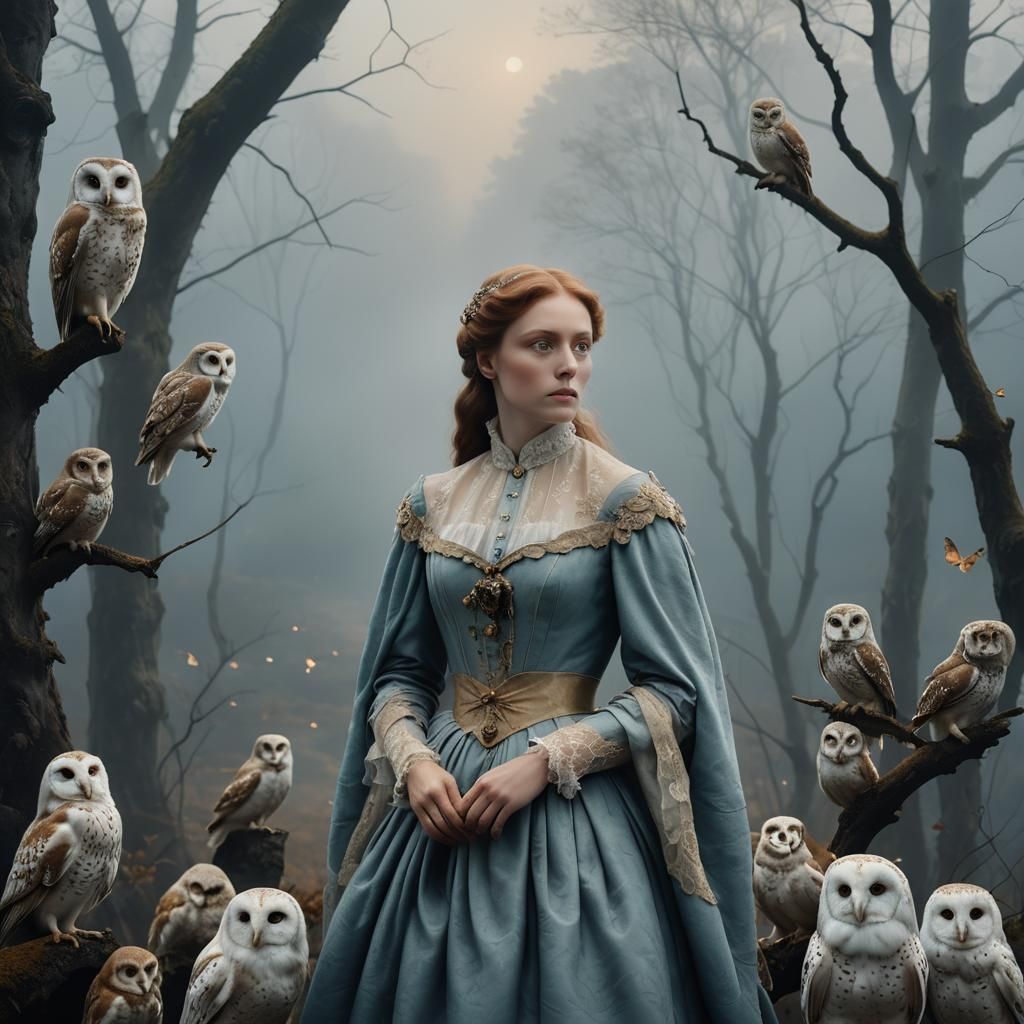 Ethereal Lady Surrounded by Owls on a Misty Cliffside