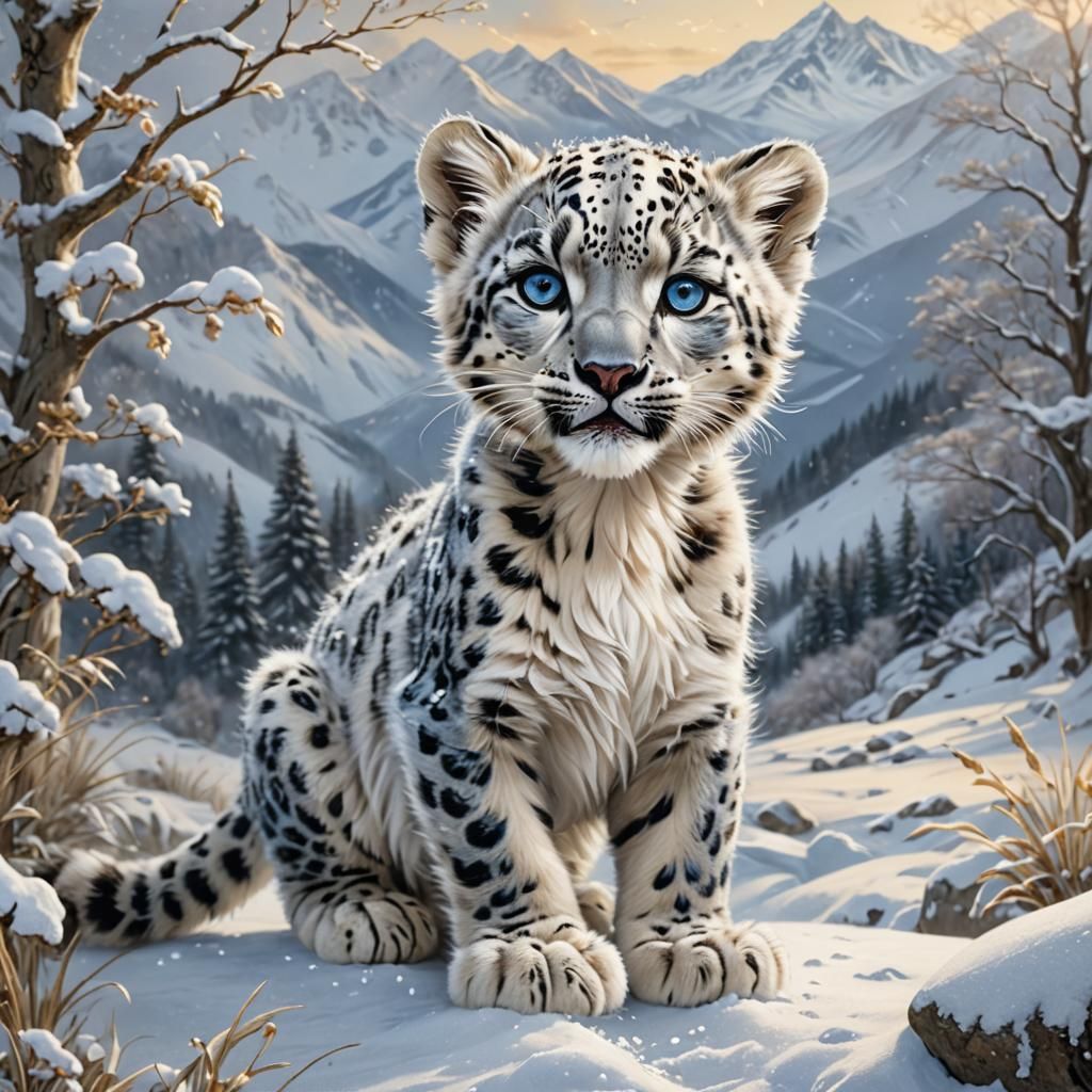 Whimsical Snow Leopard Encounter in Enchanted Winter Wonderl...