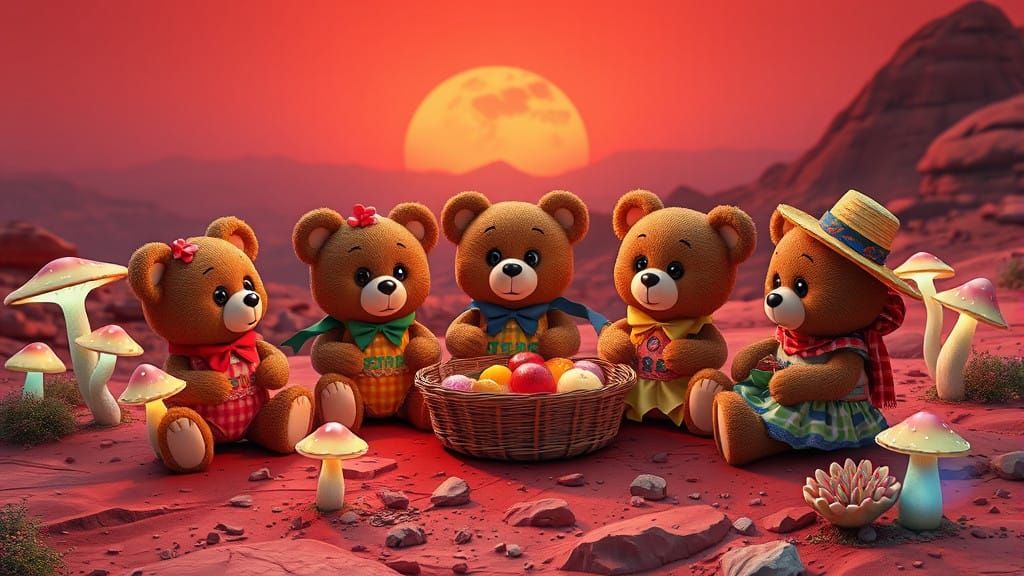 Teddy Bears Enjoy Whimsical Martian Picnic