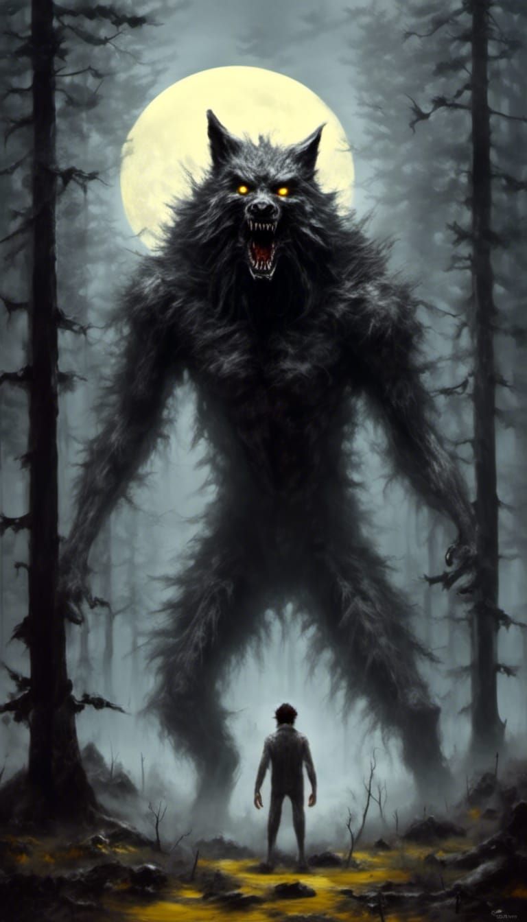 Werewolf Howling in Foggy Woods: Dark Fantasy Art