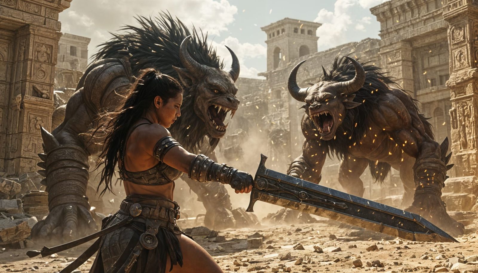 Female Barbarian Fights Monstrous Chimera in Ancient Ruins